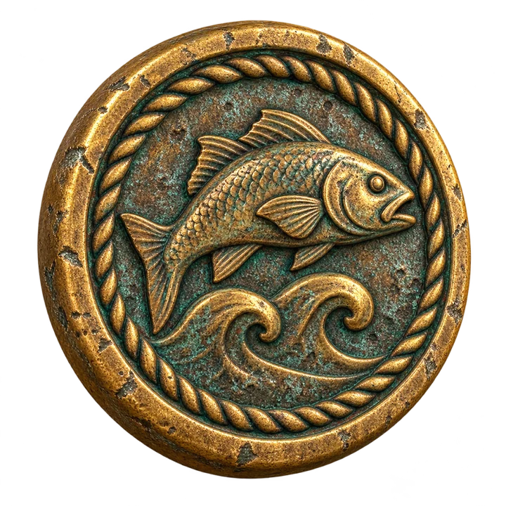 A weathered brass Fish Token with a sculpted fish and waves