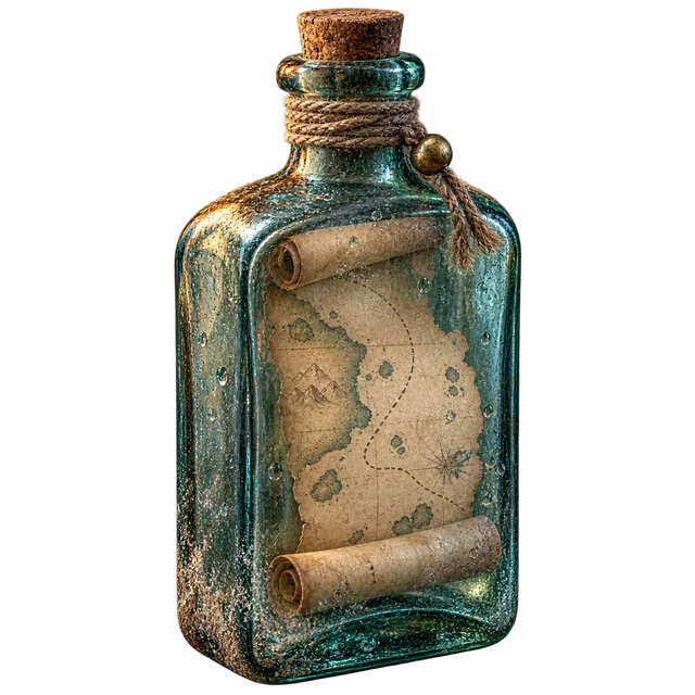 A sea-worn bottle carrying a route map
