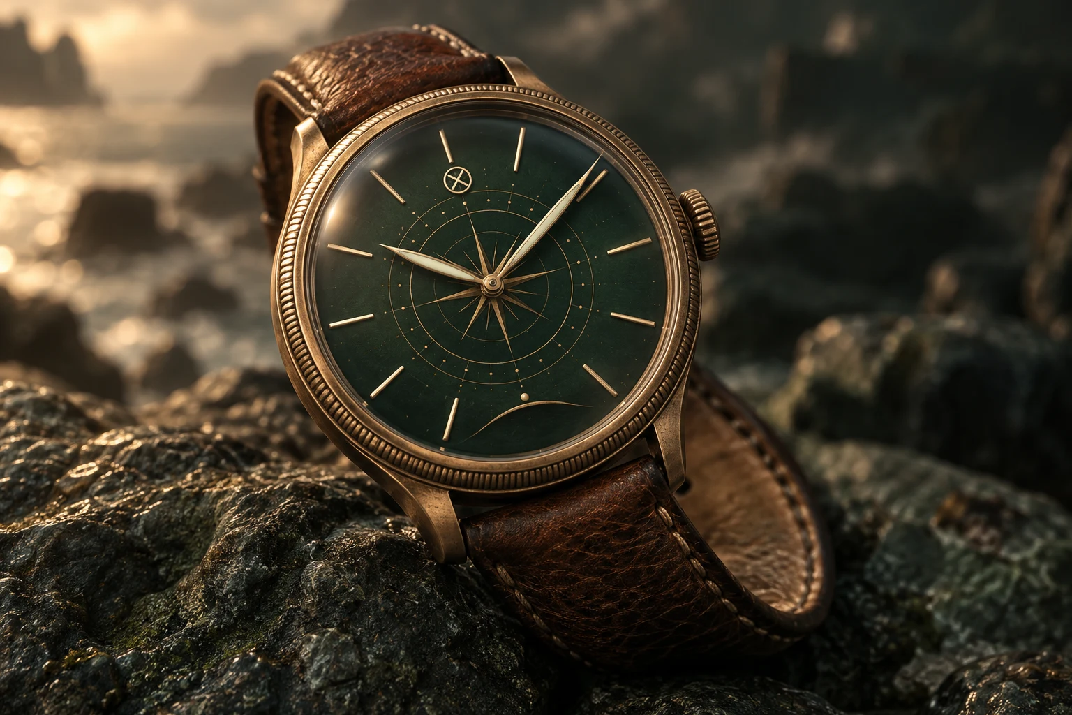 The bronze XO Time Travel Watch beside the Harbor